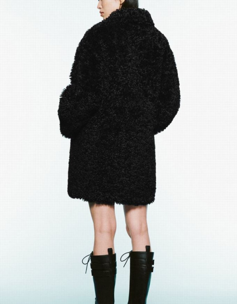 Black Urban Revivo Zipper Front Straight Furry Women's Coats | NMYJHB-914