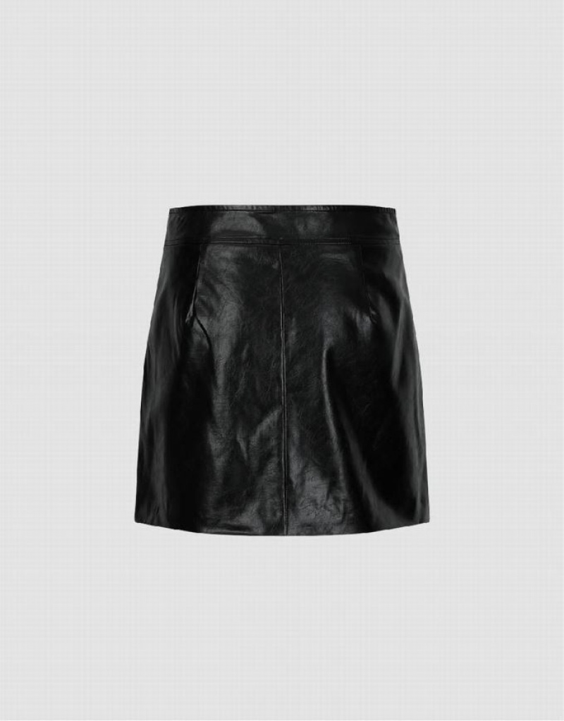 Black Urban Revivo Zipper Front Vegan Leather Mini A-Line Women's Skirts | WZHDNP-610