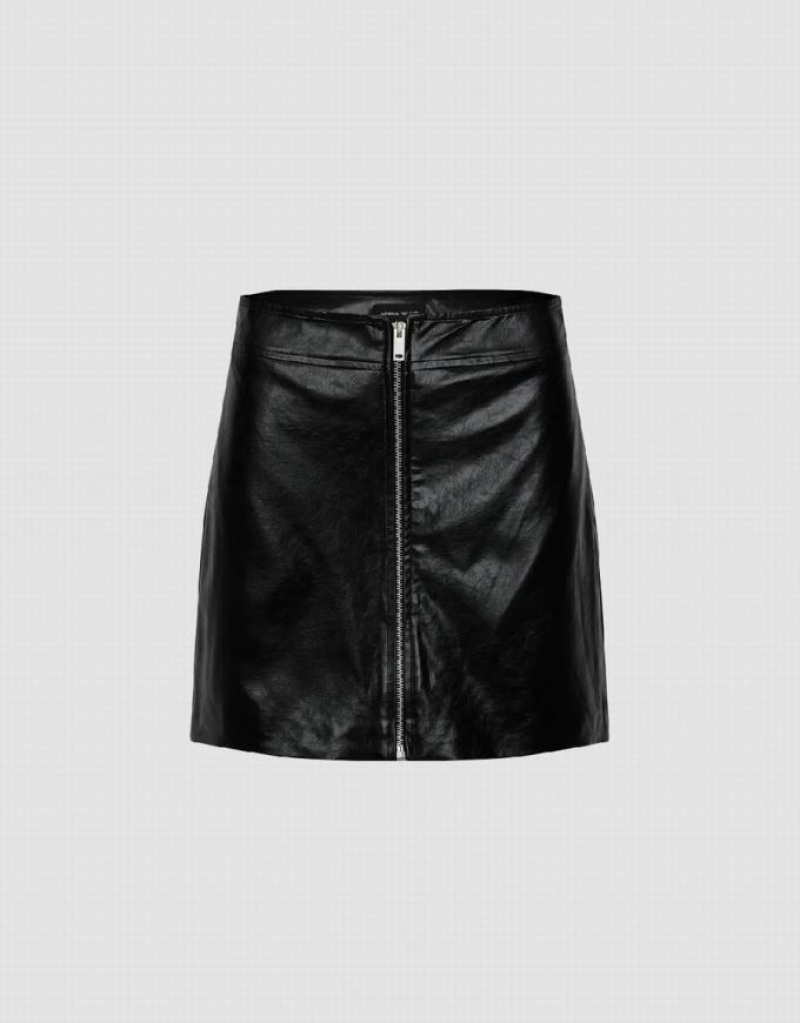 Black Urban Revivo Zipper Front Vegan Leather Mini A-Line Women\'s Skirts | WZHDNP-610