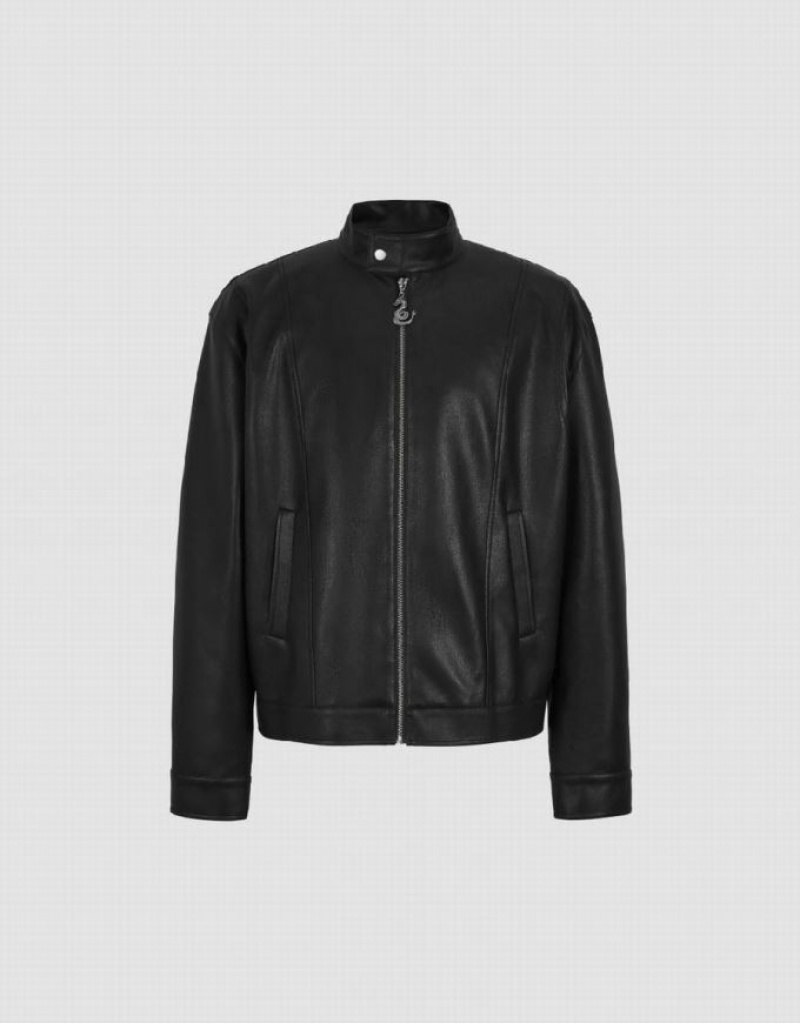 Black Urban Revivo Zipper Front Vegan Men's Leather Jackets | TKOWCH-875