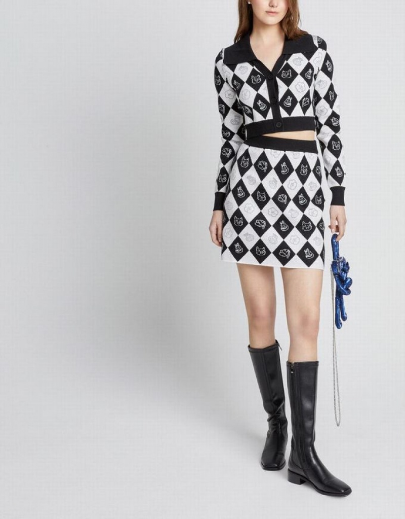 Black / White Urban Revivo Argyle Pattern Knitted Women's Skirts | POSQVL-835