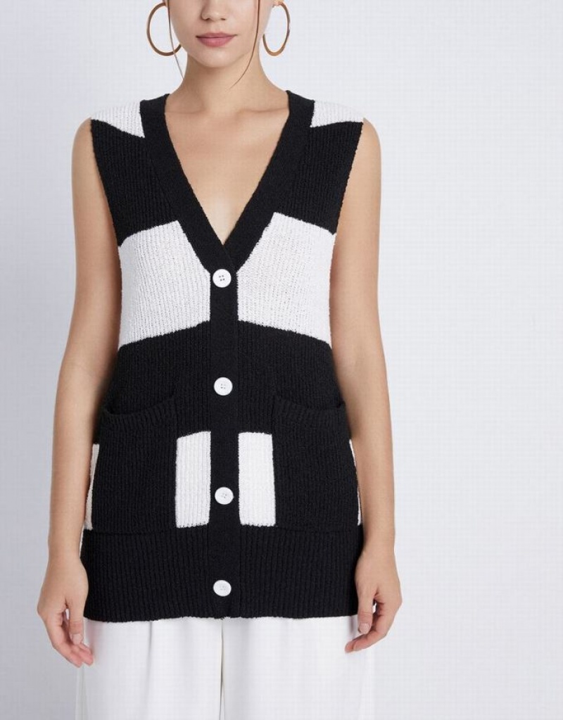 Black / White Urban Revivo Two Tone Button Front Women's Sweater Vest | SQLYFT-104