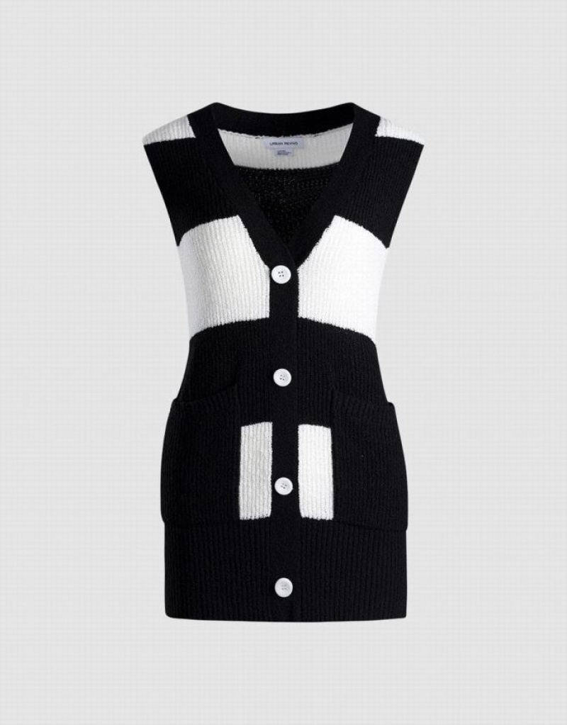 Black / White Urban Revivo Two Tone Button Front Women\'s Sweater Vest | SQLYFT-104