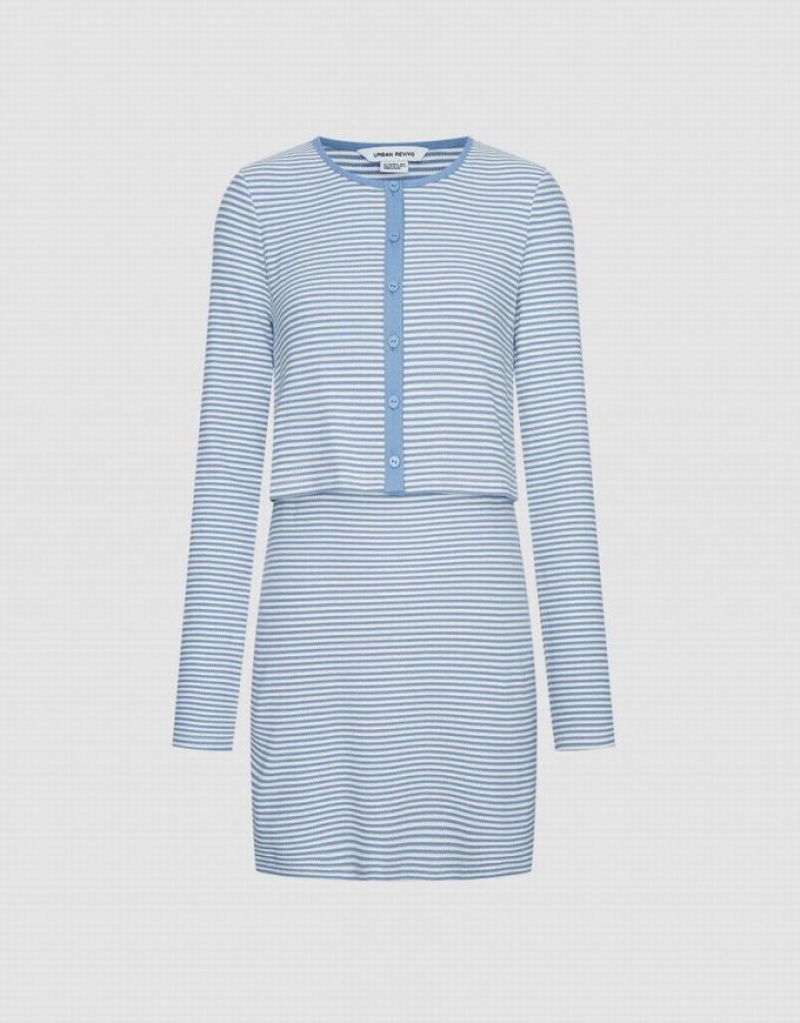 Blue Urban Revivo 2 In 1 Striped Women\'s Knitted Dress | DQAOUR-031