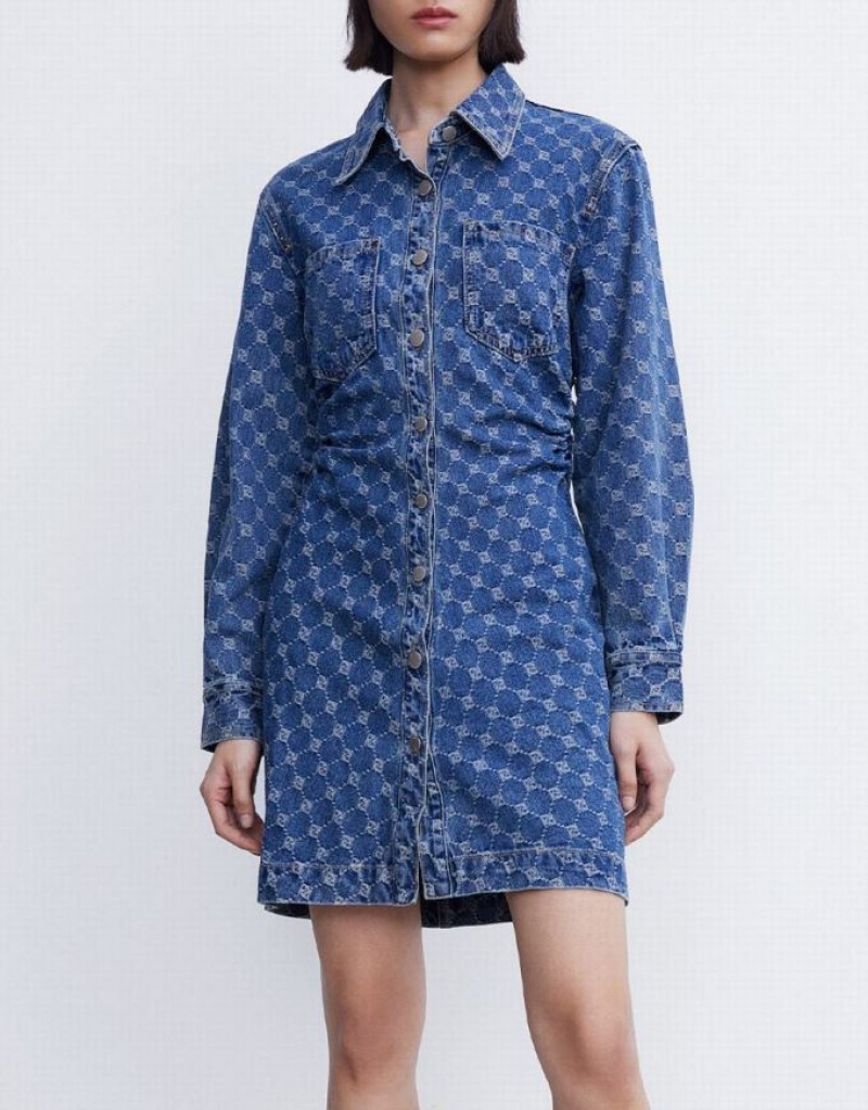 Blue Urban Revivo Allover Jacquard Ruched Button Up Women's Denim Dress | JRKPCZ-089