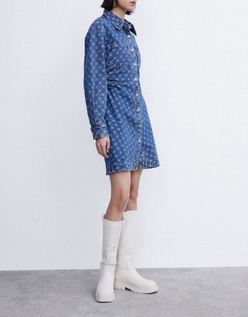 Blue Urban Revivo Allover Jacquard Ruched Button Up Women's Denim Dress | JRKPCZ-089