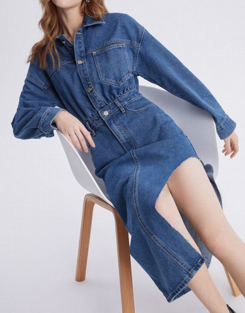 Blue Urban Revivo Asymmetrical Hem Women's Denim Dress | ZOCHUW-850