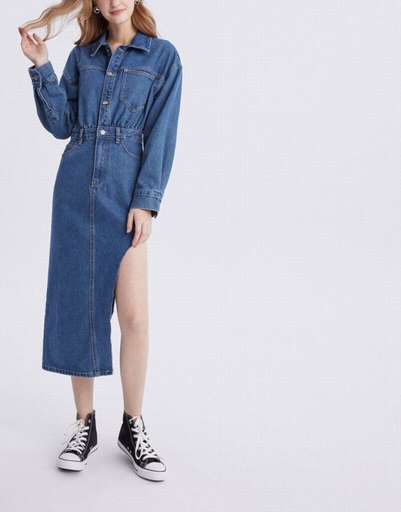 Blue Urban Revivo Asymmetrical Hem Women's Denim Dress | ZOCHUW-850