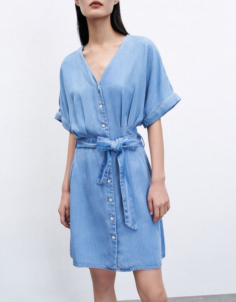 Blue Urban Revivo Button Front Belted Women's Denim Dress | JIMQKE-563