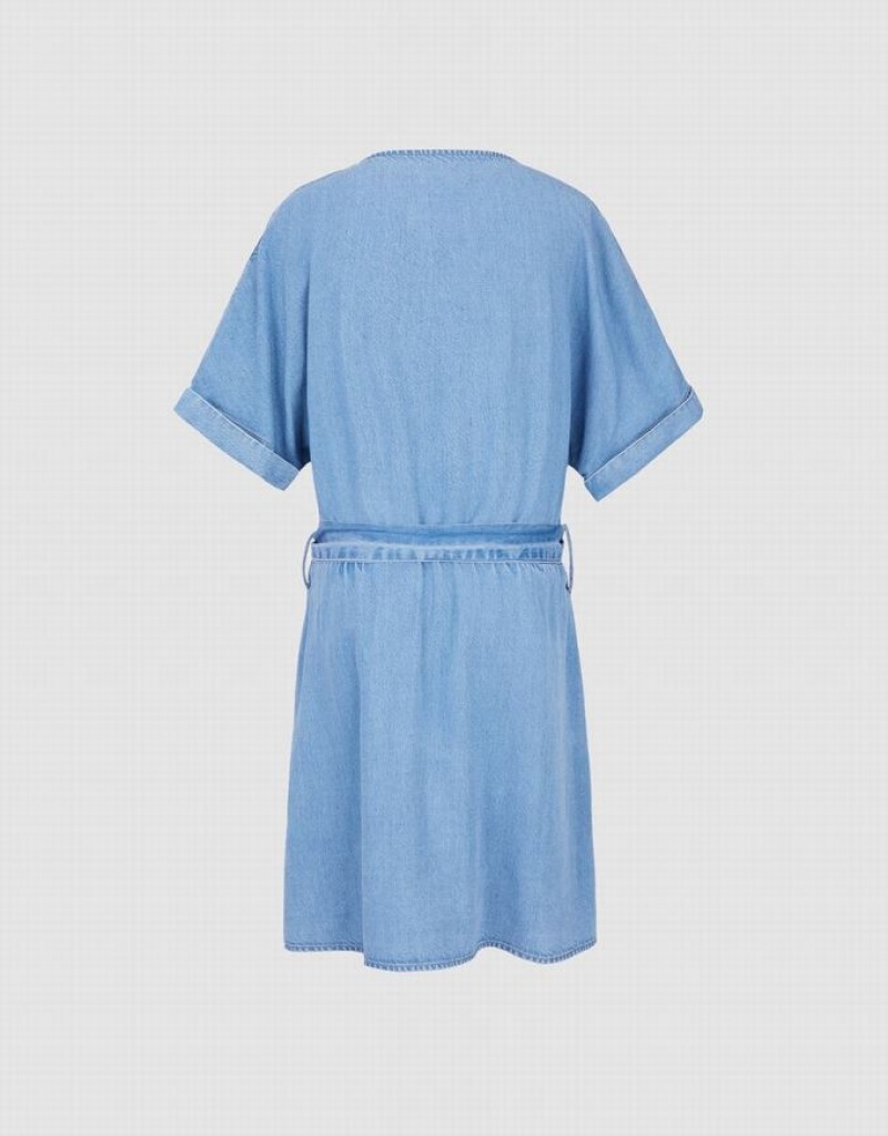 Blue Urban Revivo Button Front Belted Women's Denim Dress | JIMQKE-563