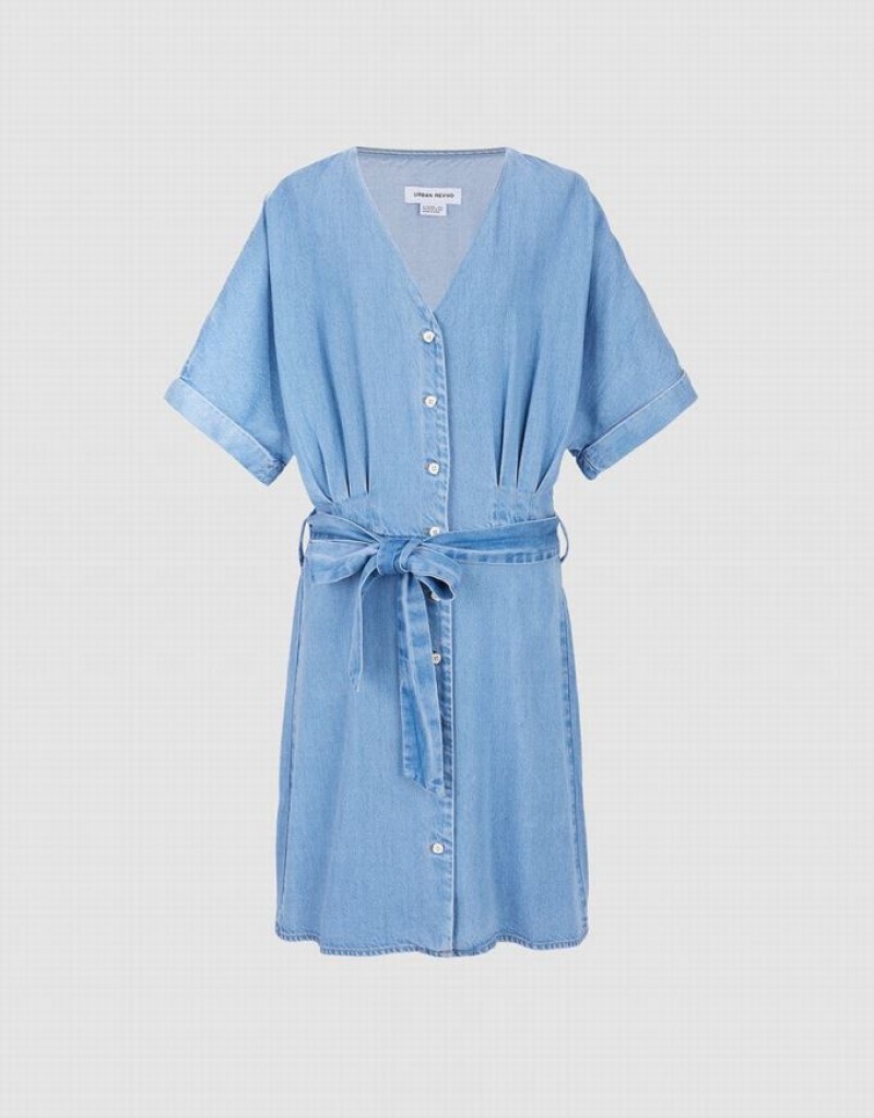 Blue Urban Revivo Button Front Belted Women\'s Denim Dress | JIMQKE-563