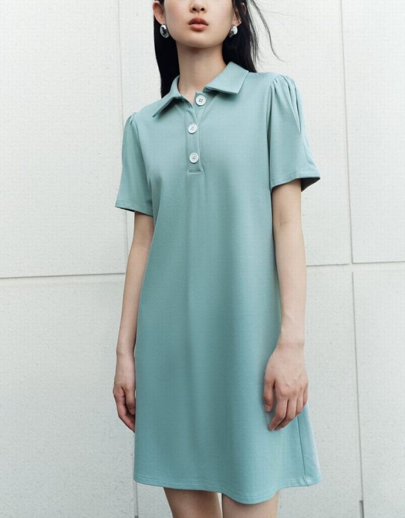 Blue Urban Revivo Button Half Placket Straight Women's Dress | QHTVNJ-847