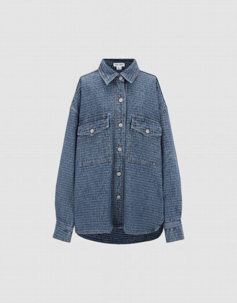 Blue Urban Revivo Button Up Denim Women's Shirts | ASDWMV-915