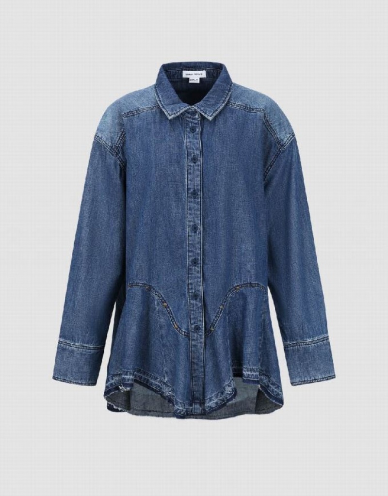 Blue Urban Revivo Button Up Loose Denim Women's Shirts | BQHCNF-350