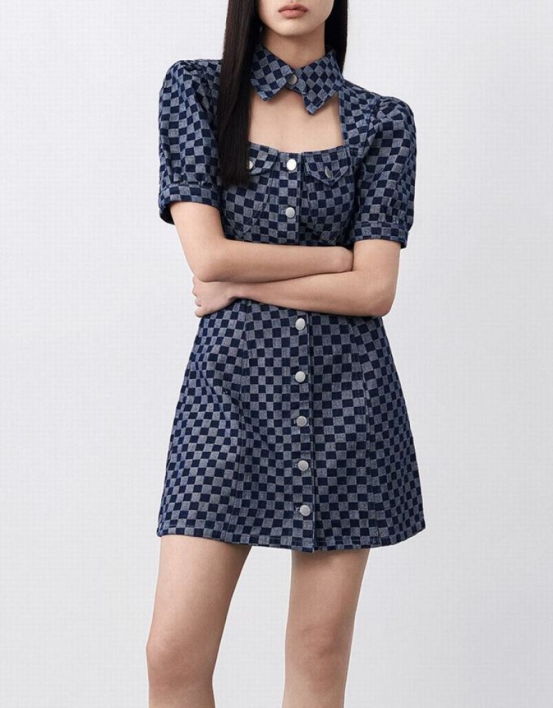 Blue Urban Revivo Checkered Cut Out Front Women's Denim Dress | OXGLNY-478