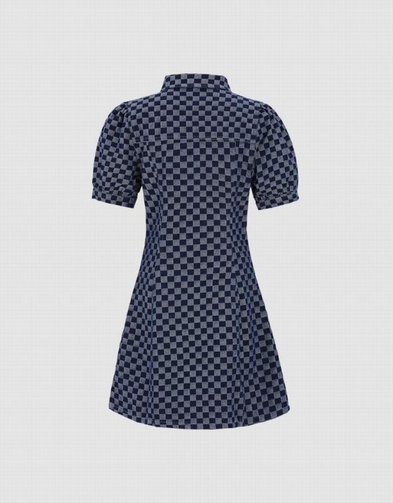 Blue Urban Revivo Checkered Cut Out Front Women's Denim Dress | OXGLNY-478