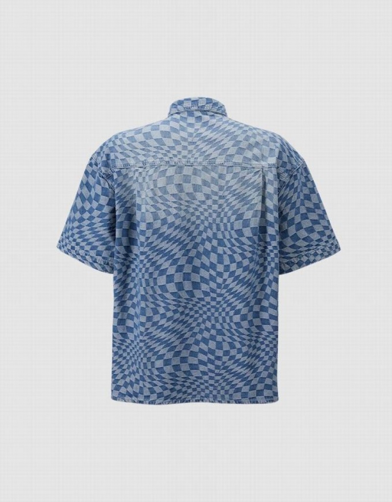 Blue Urban Revivo Checkered Denim Men's Shirts | TAPZDS-821