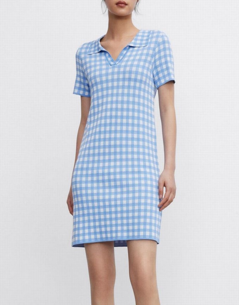 Blue Urban Revivo Checkered Mini Women's Knitted Dress | CLDOPG-562