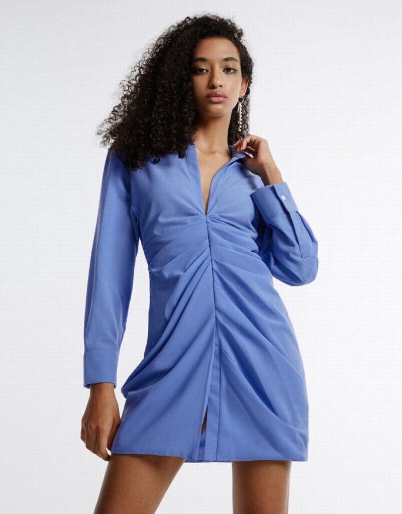 Blue Urban Revivo Chiffon Ruched Women\'s Shirt Dress | NXJDIH-571