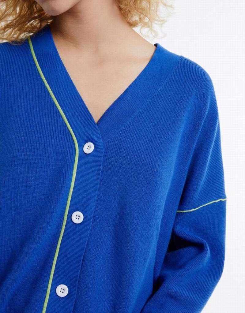 Blue Urban Revivo Contrast Stitch Women's Cardigan | QPLMWG-679