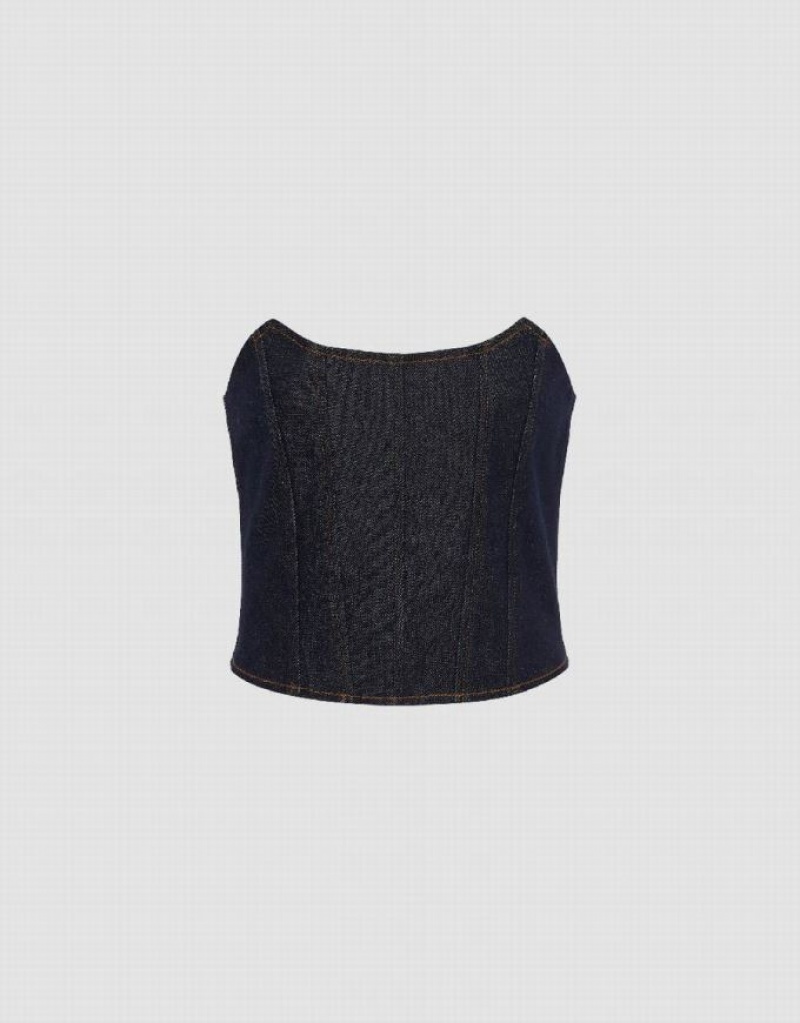 Blue Urban Revivo Denim Tube Top Women's Shirts | WVIKME-185