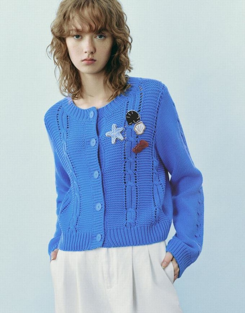 Blue Urban Revivo Drop Shoulder Sleeve Crew Neck Knitted Women\'s Cardigan | WJBGFD-358