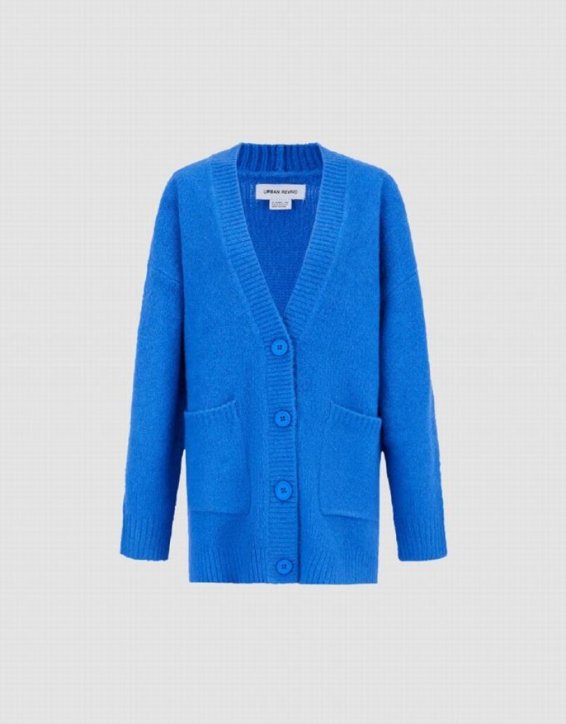 Blue Urban Revivo Drop Shoulder Sleeve V-Neck Knitted Women's Cardigan | GBKZYT-902