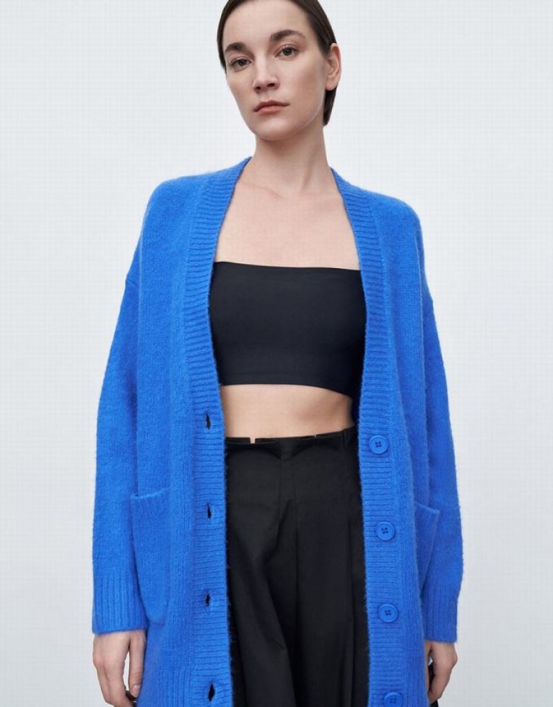 Blue Urban Revivo Drop Shoulder Sleeve V-Neck Knitted Women's Cardigan | GBKZYT-902