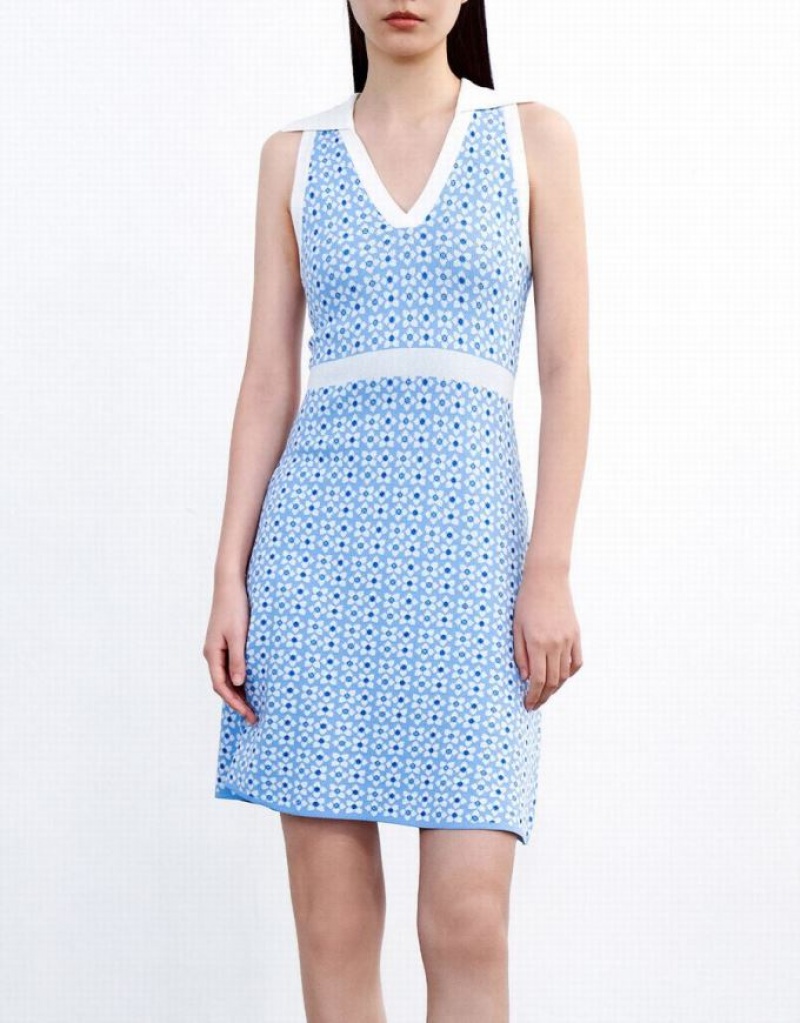 Blue Urban Revivo Floral Pattern Sleeveless Women's Knitted Dress | DBQEIF-297