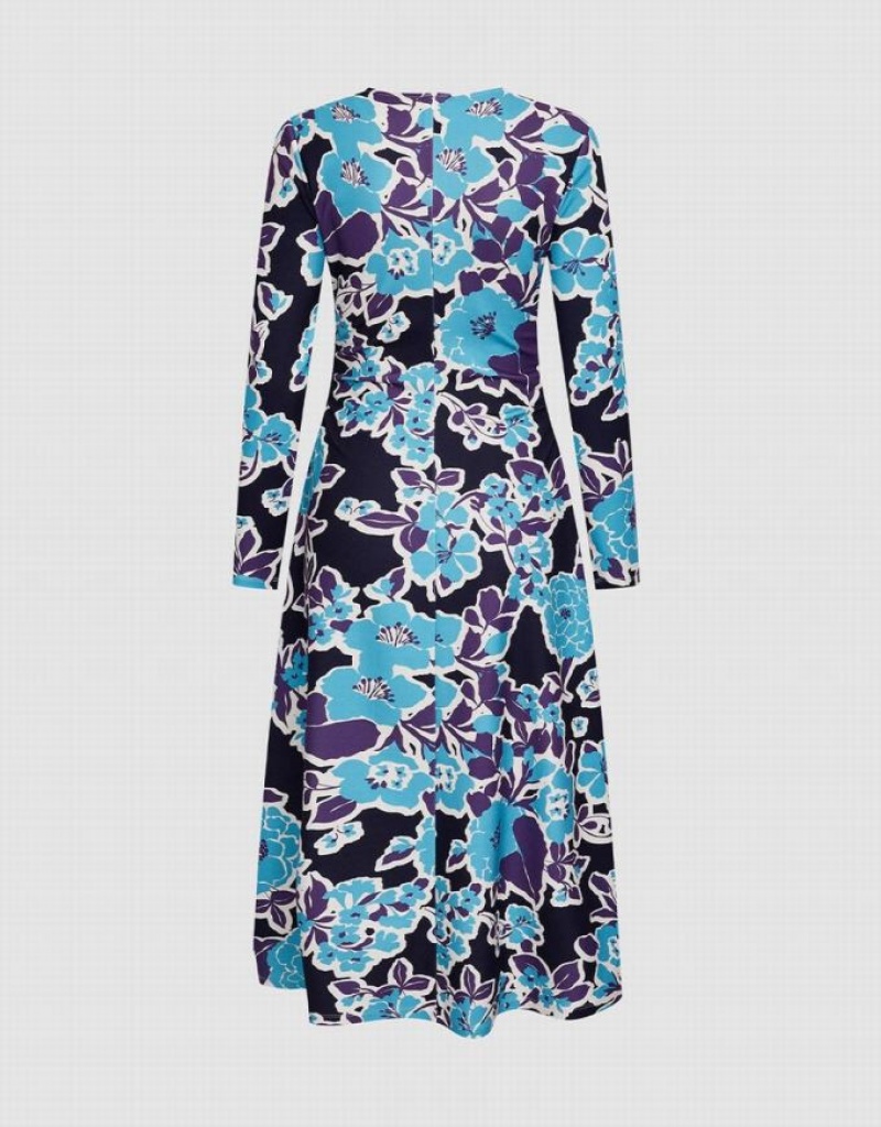 Blue Urban Revivo Floral Print Women's Knitted Dress | ZOWYRA-102