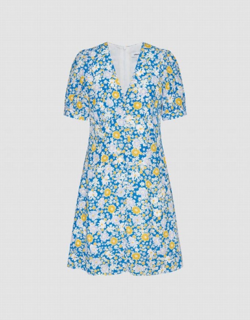 Blue Urban Revivo Floral Printed V-Neck A-Line Women's Dress | MQSVHK-704