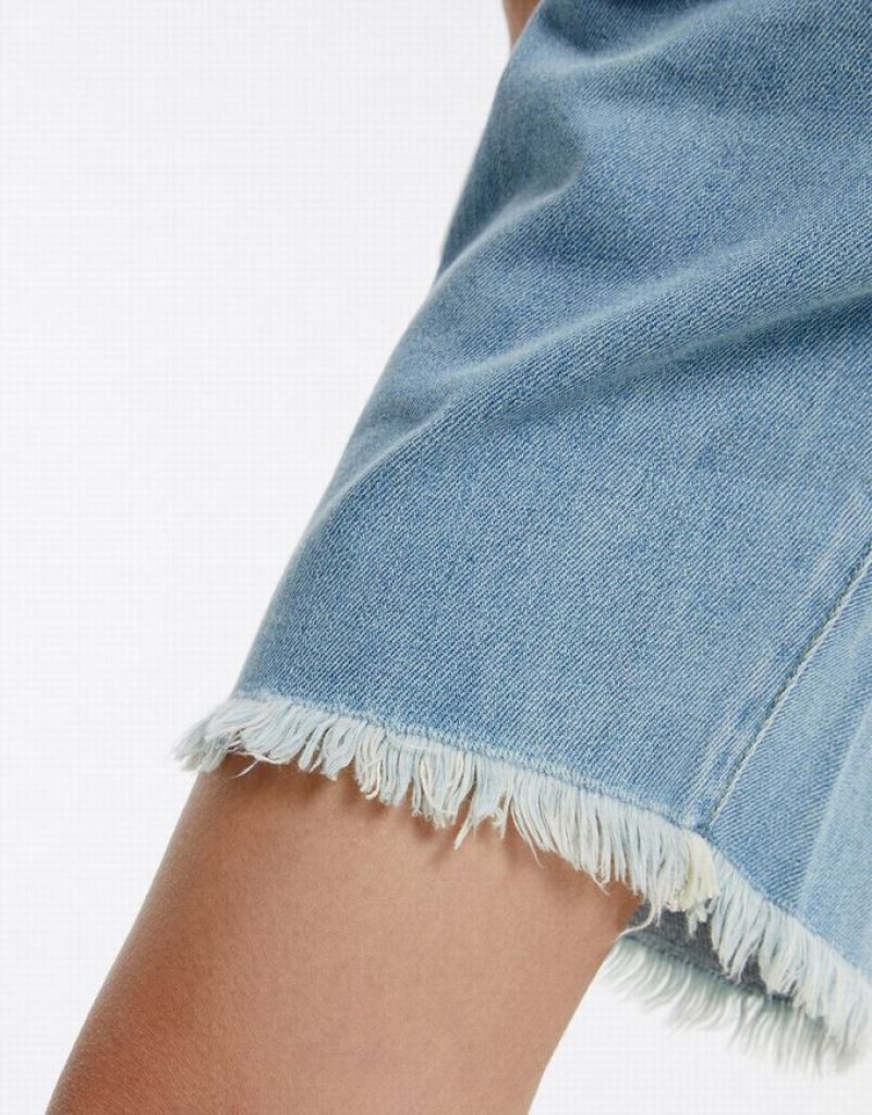 Blue Urban Revivo Frayed Hem Women's Denim Shorts | EWDCYS-379