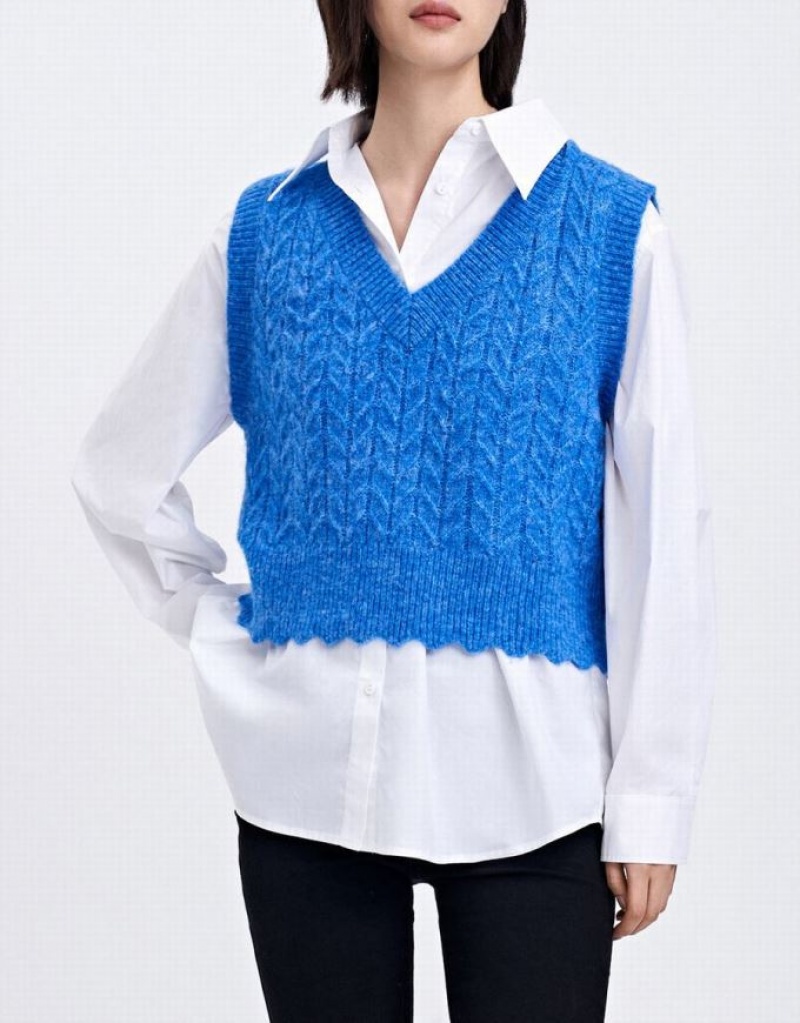 Blue Urban Revivo Fuzzy Cable Knit Women's Sweater Vest | YJRWDZ-938