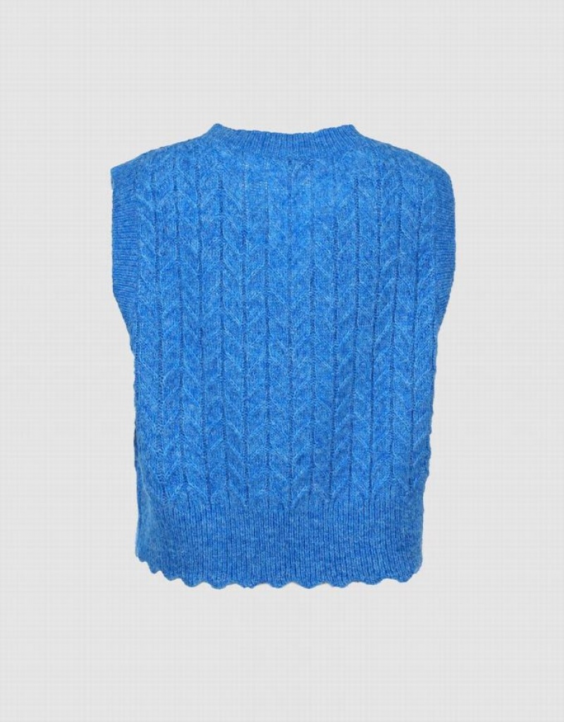 Blue Urban Revivo Fuzzy Cable Knit Women's Sweater Vest | YJRWDZ-938