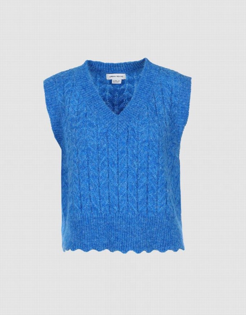 Blue Urban Revivo Fuzzy Cable Knit Women\'s Sweater Vest | YJRWDZ-938