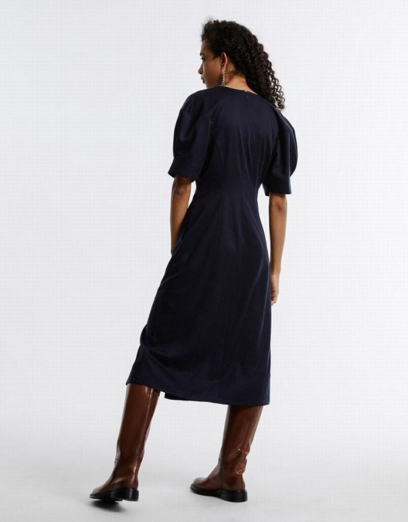 Blue Urban Revivo Gathered Waist Puff Sleeve Women's Casual Dress | XBPLNT-246