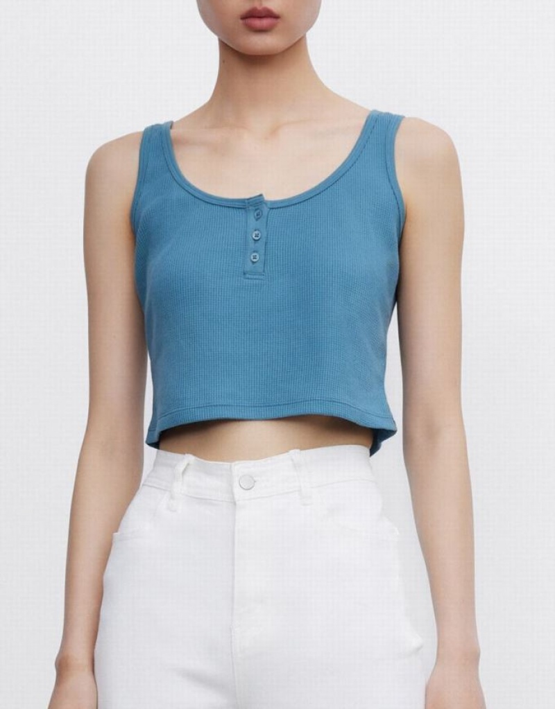 Blue Urban Revivo Half Button Ribbed Knit Women's Tank Top | YMWULD-182