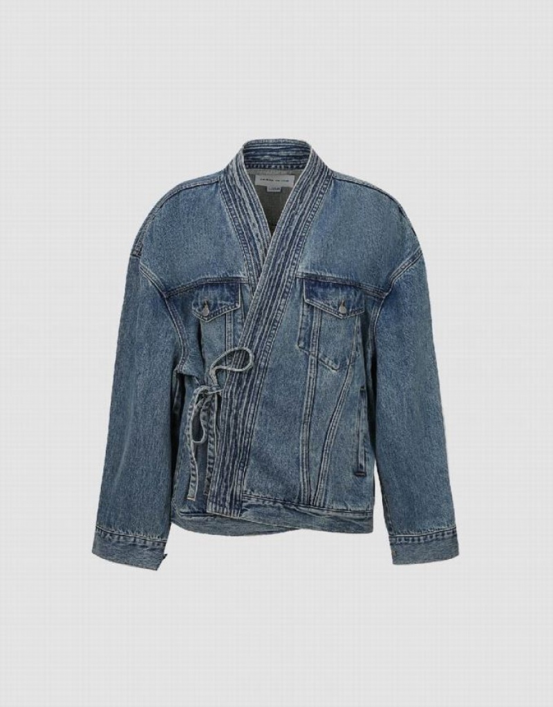 Blue Urban Revivo Kimono Lapel Men's Denim Jackets | DQFOTX-801