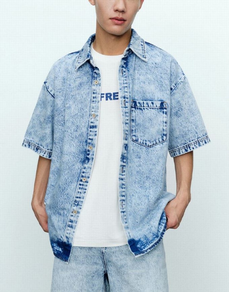 Blue Urban Revivo Loose Denim Men's Shirts | TRJNPM-152