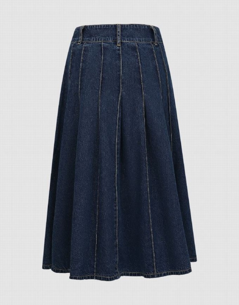 Blue Urban Revivo Midi A-Line With Belt Women's Denim Skirt | NQVITW-918