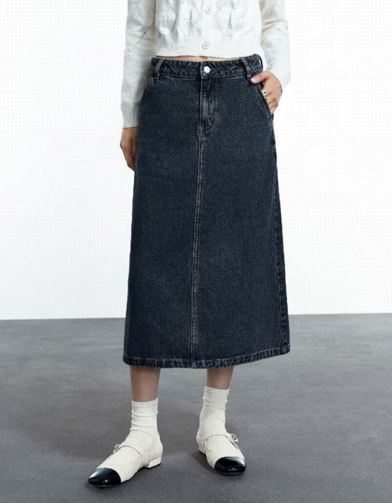 Blue Urban Revivo Midi A-Line Women's Denim Skirt | MSNFBG-890