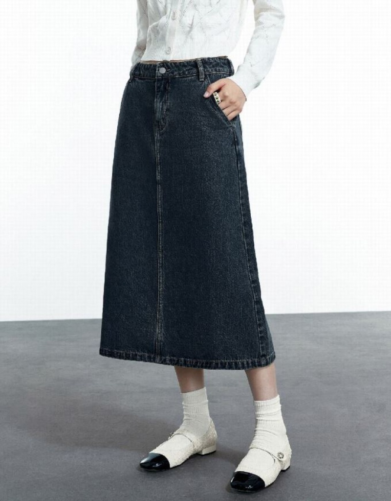 Blue Urban Revivo Midi A-Line Women's Denim Skirt | MSNFBG-890