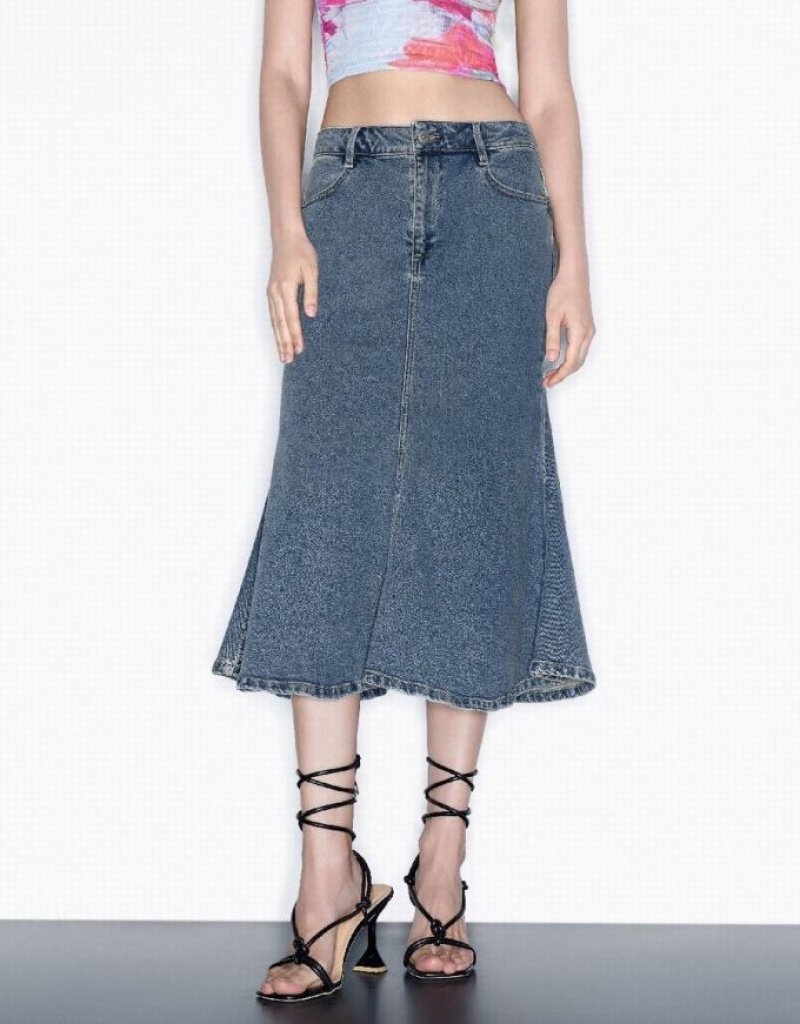 Blue Urban Revivo Midi Fishtail Women's Denim Skirt | UYPTHS-142