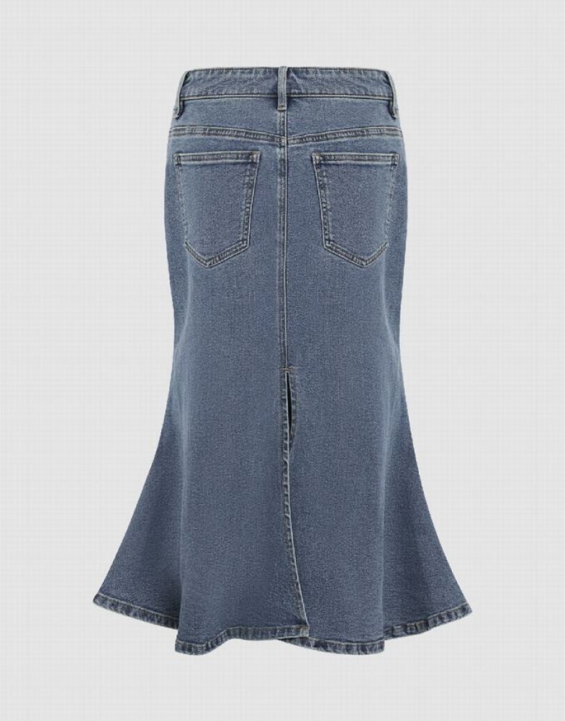 Blue Urban Revivo Midi Fishtail Women's Denim Skirt | UYPTHS-142