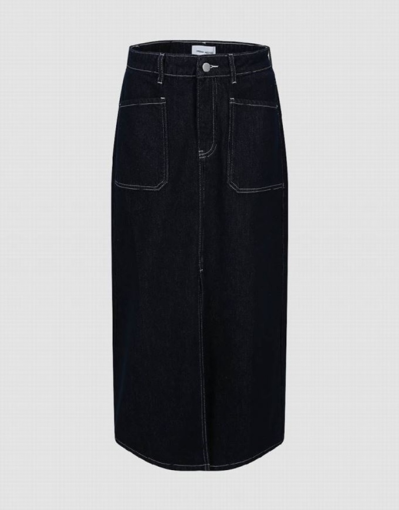 Blue Urban Revivo Midi Straight Women\'s Denim Skirt | IYNZQH-124