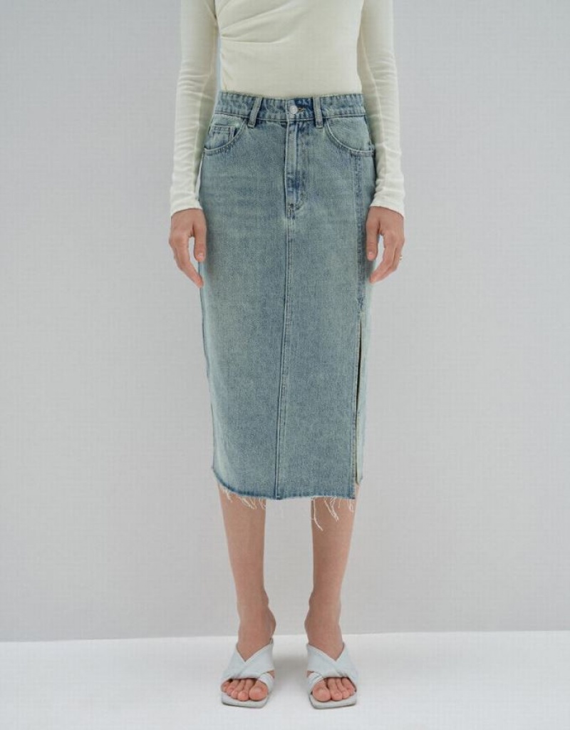 Blue Urban Revivo Midi Straight Women's Denim Skirt | AOBQUP-706