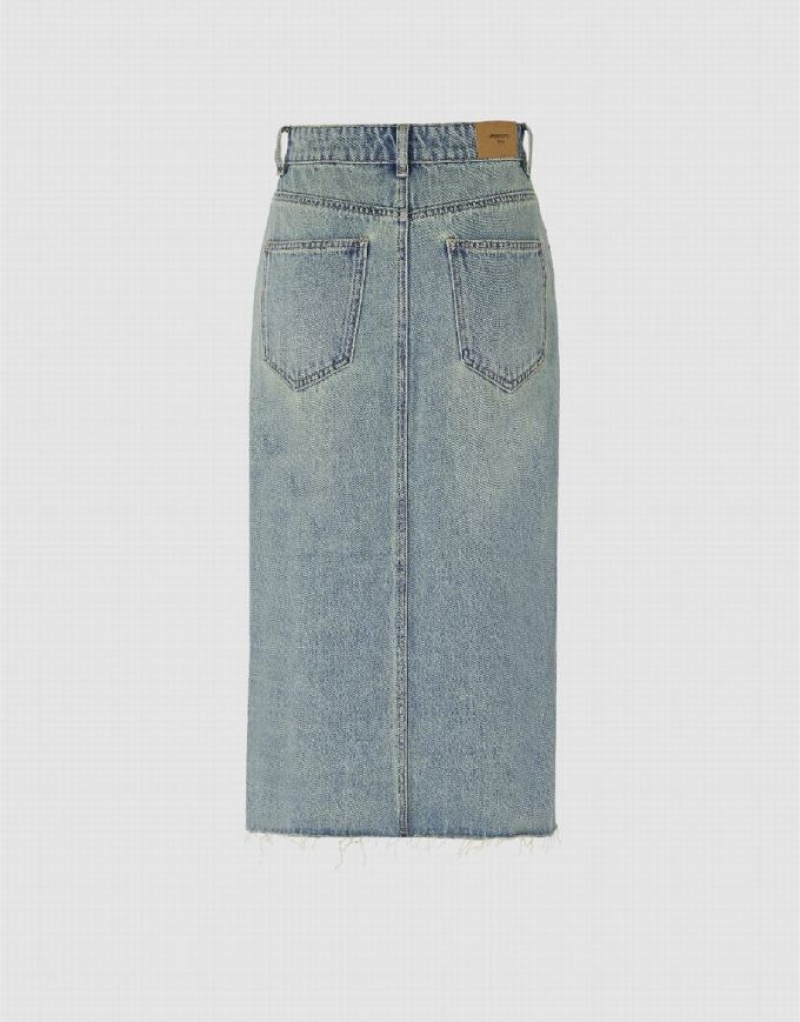 Blue Urban Revivo Midi Straight Women's Denim Skirt | AOBQUP-706