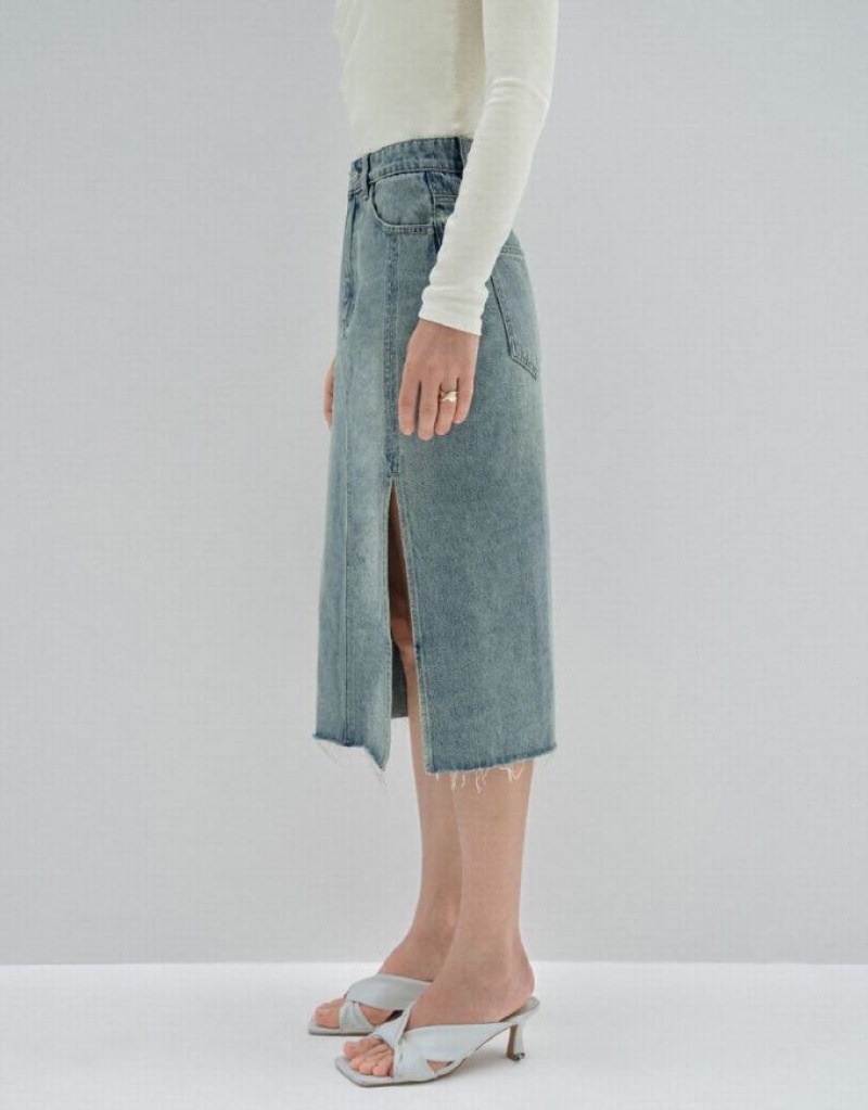 Blue Urban Revivo Midi Straight Women's Denim Skirt | AOBQUP-706