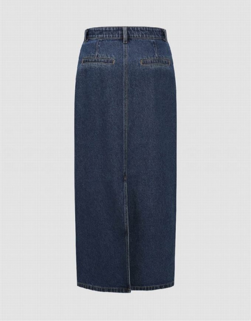 Blue Urban Revivo Midi Straight Women's Denim Skirt | QSIGFJ-071