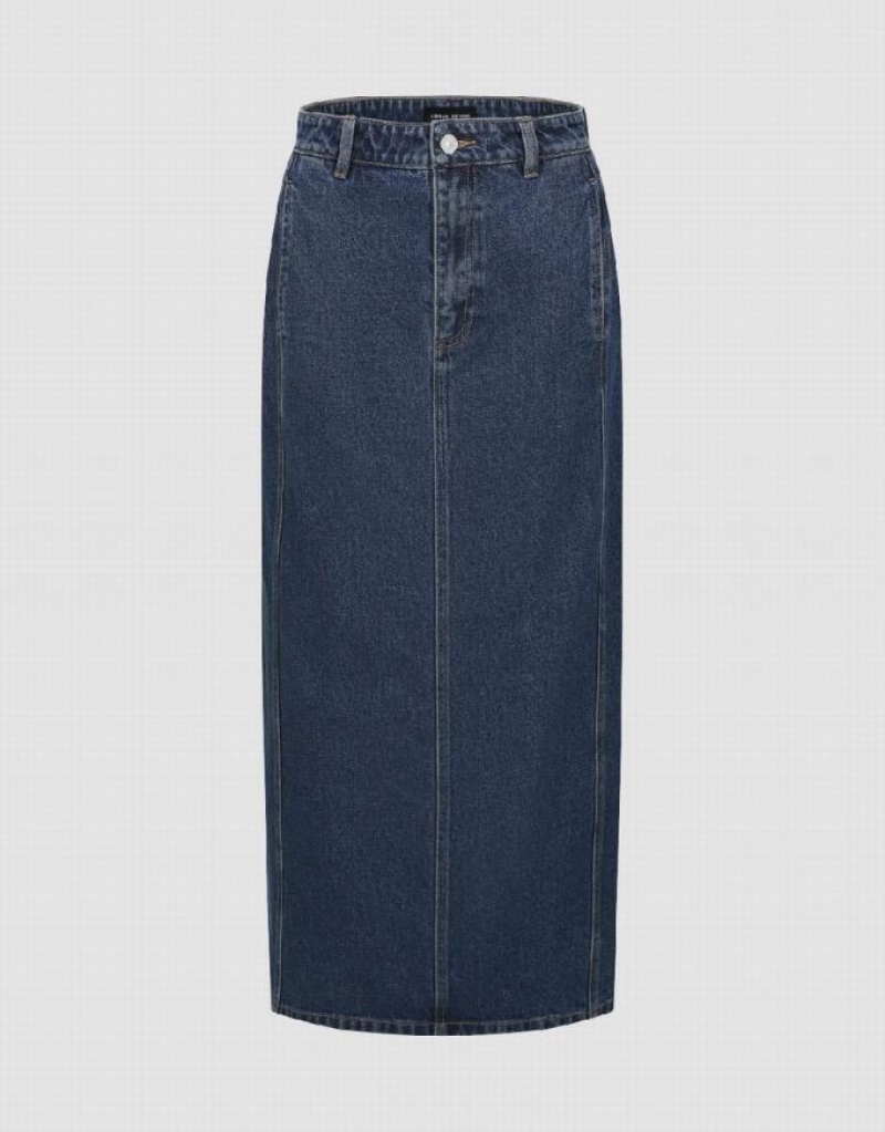 Blue Urban Revivo Midi Straight Women\'s Denim Skirt | QSIGFJ-071